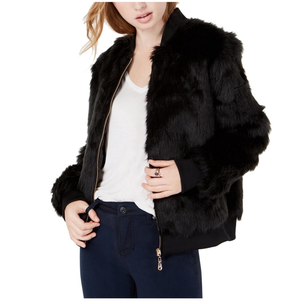 Say What? Womens Faux Fur Cropped Bomber Jacket Black Small New with tags
